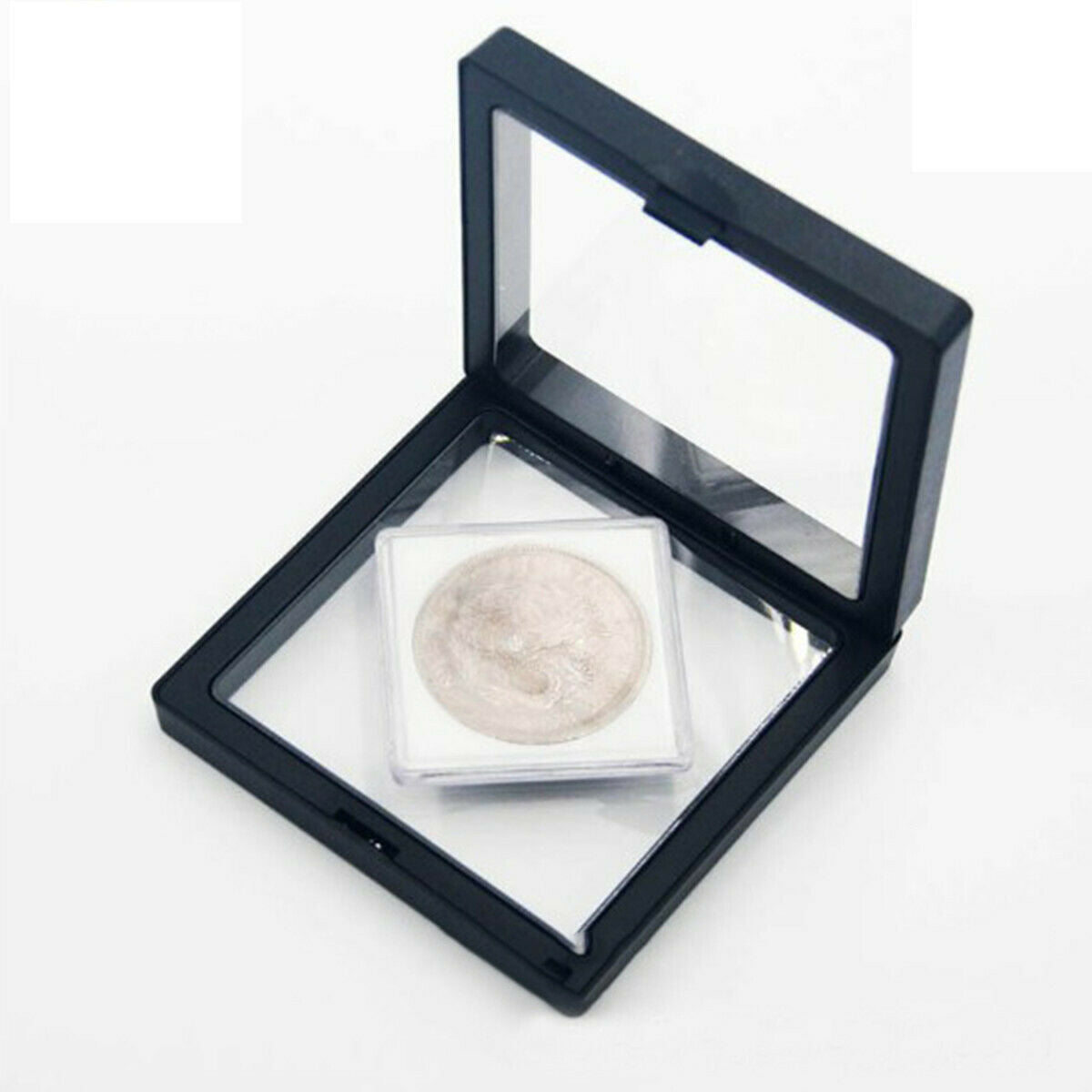 69*69mm Floating Coin Display Frame Holder Coin Box Protective Case w/ Stand