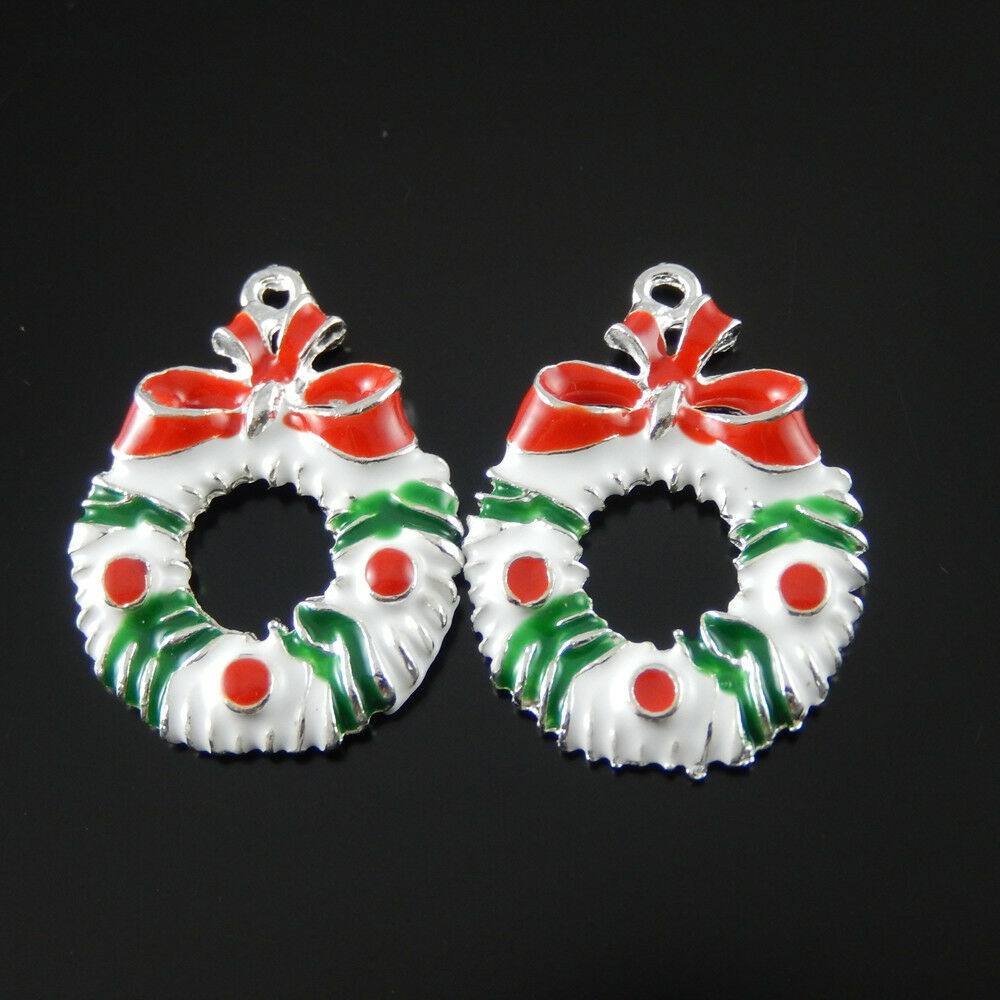 Lot of (x10) Christmas Floral Garland Craft Charm Oil Drip Pendant 27x19x3mm