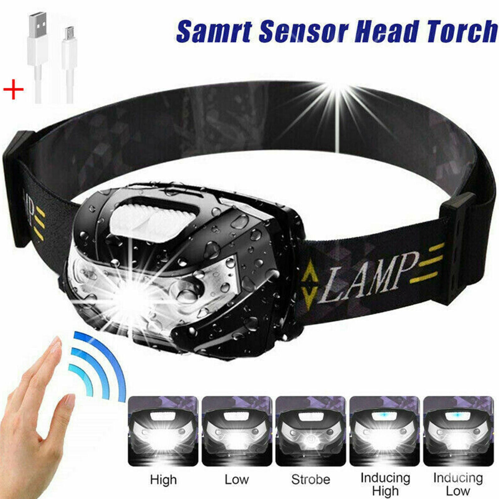 60000lm LED HeadLamp Motion Sensor USB Rechargeable head lamp headlight 5 Modes