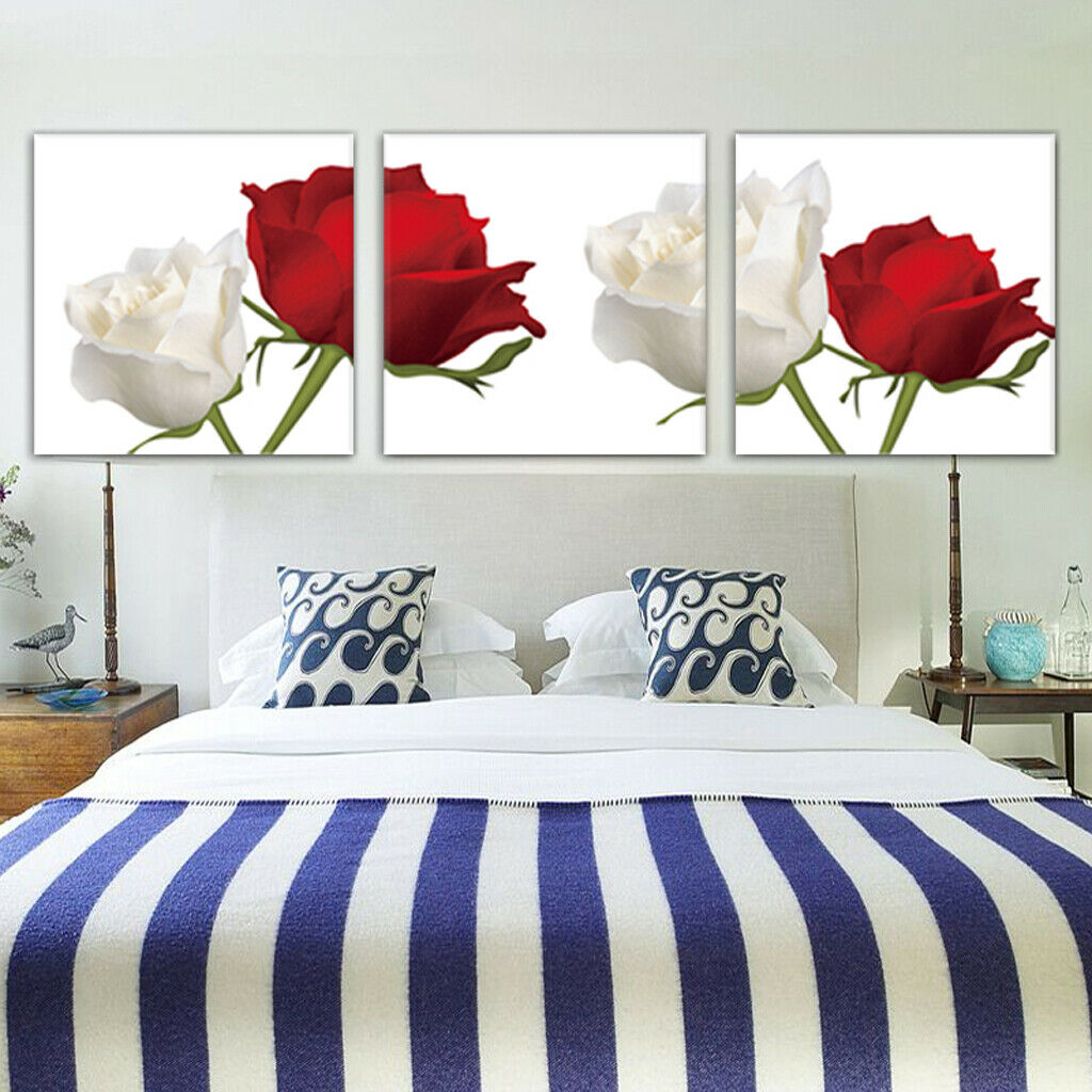 3 Panel Red And White Roses Paintings On Canvas Artwork Picture Print