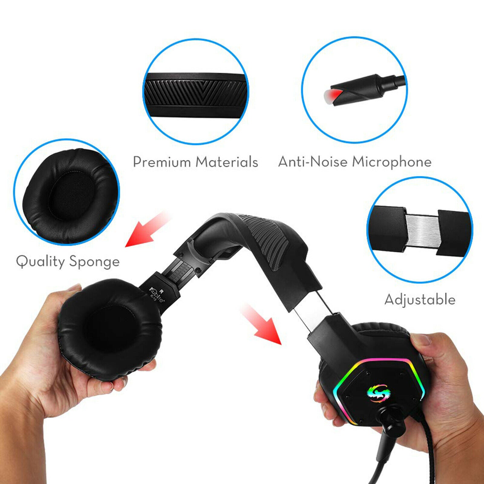 Premium LED Gaming Headsets 7.1 Channel 3.5mm/USB RGB 50mm Drive for PS4 PC
