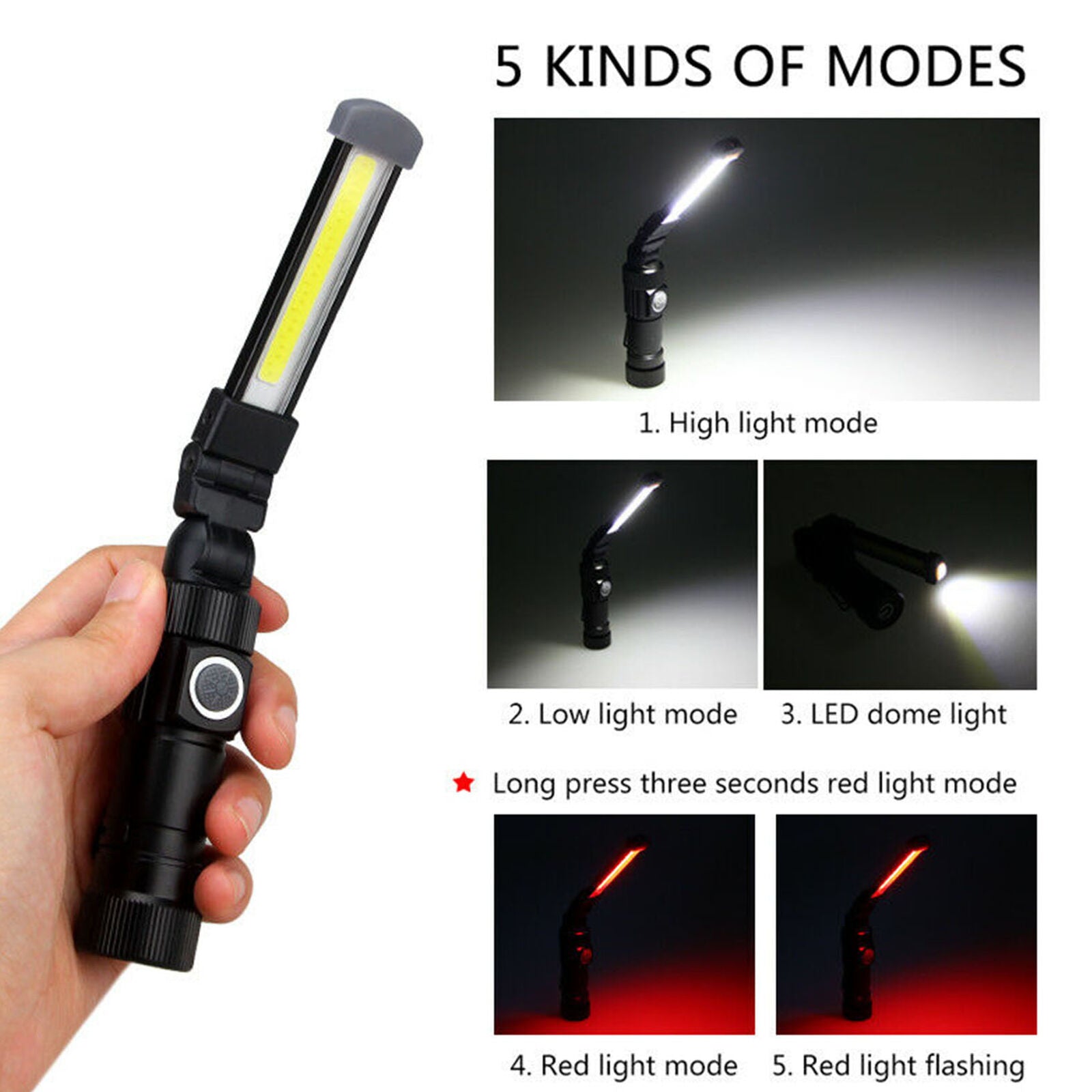 USB Rechargeable Magnetic COB LED Work Light Flashlight Red Warning light 5 Mode