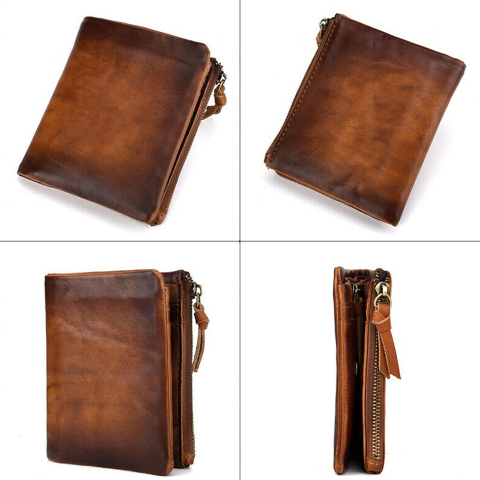 Cowhide Leather Mens Billfold Wallet Blocking Card Holder Zipper Coin Purse