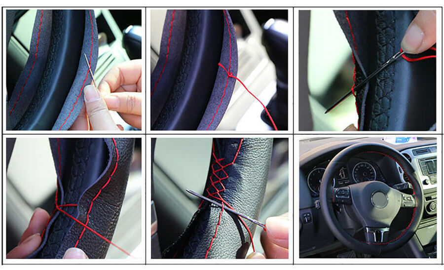 38cm Black  &Blue Suture Micro Fiber Leather Handmade Car Steering Wheel Covers
