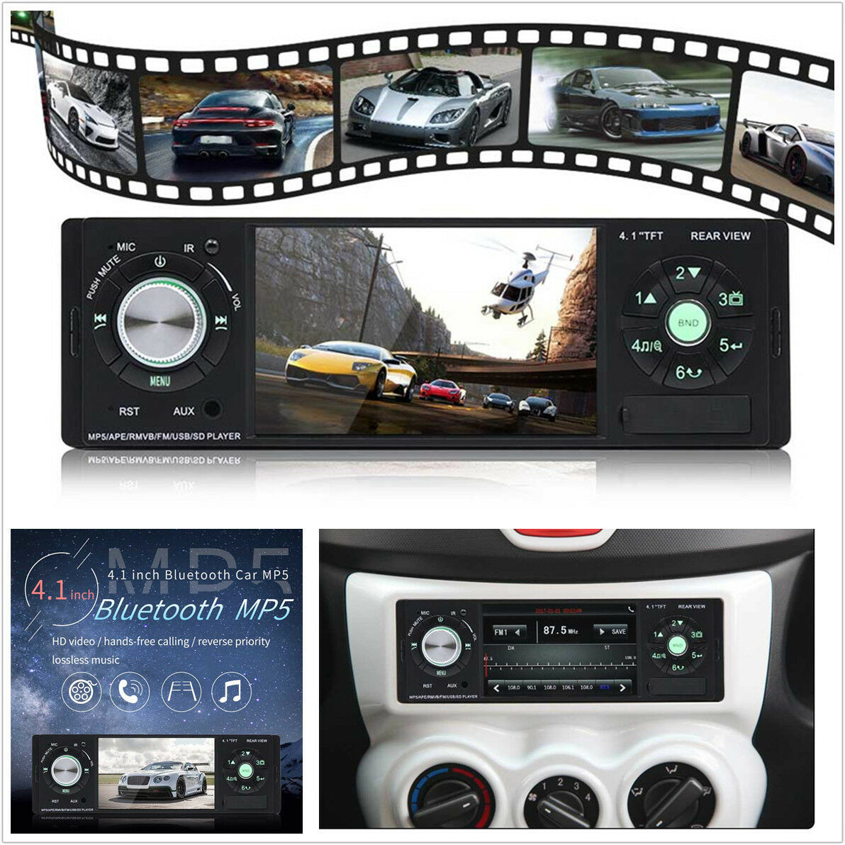 4.1" HD 1Din Car Audio Stereo MP5 Player Bluetooth FM Radio AUX w/Remote Control