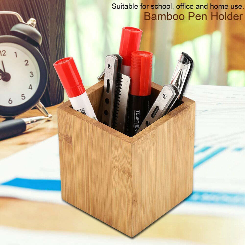 Bamboo Pen Pencil Holder Makeup Brush Storage Office Stationery Organizer Square