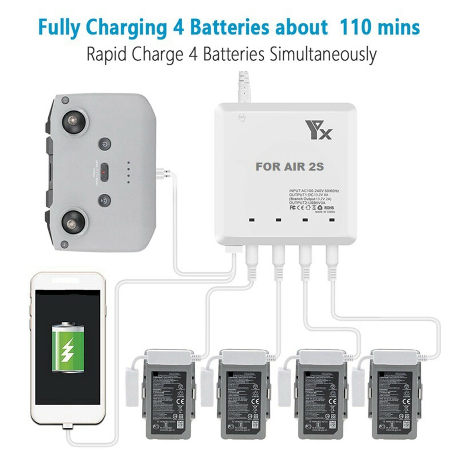 Remote Battery Charger Batteries Charging Hub for DJI Mavic Air 2S Drone