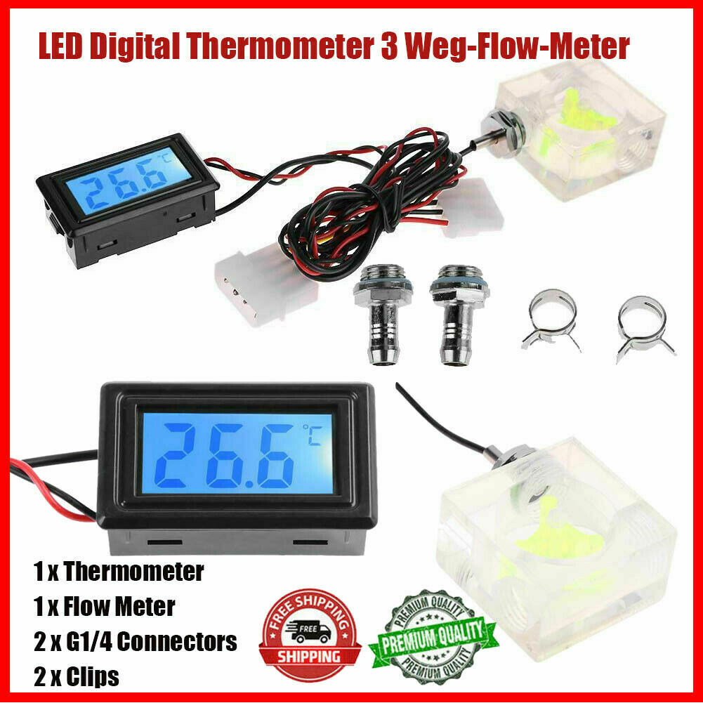 LED Digital Thermometer 3 Way Flow Meter for PC Water Cooling Liquid Systems
