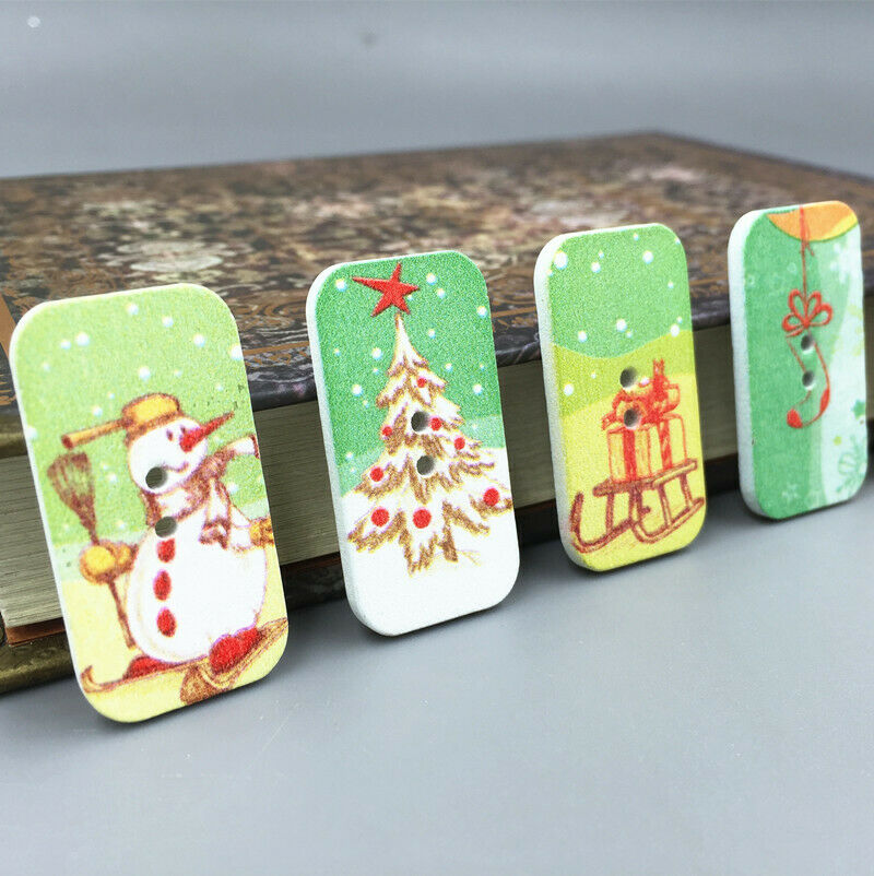 50X Mixed Christmas pattern Buttons Wooden Sewing crafts scrapbooking 34mm