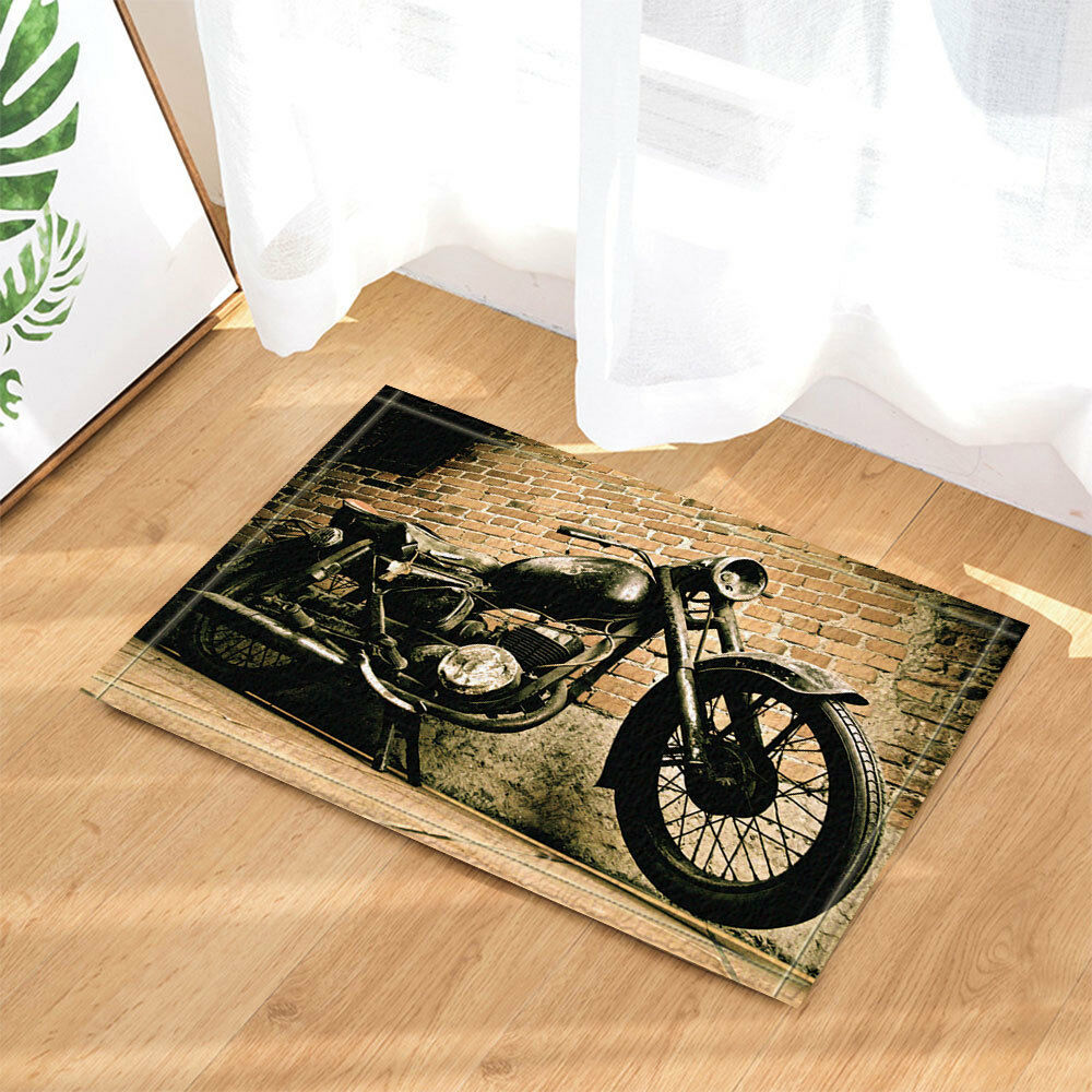 Old Motorcycle And Brick Wall Bathroom Rug Non-Slip Door Mat Flannel 16x24"