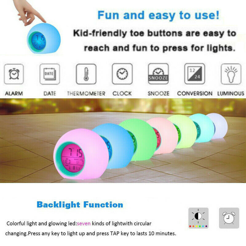 Digital LED Round Snooze Alarm Clock 7 Colors Changing Light Kids Bedroom Decor