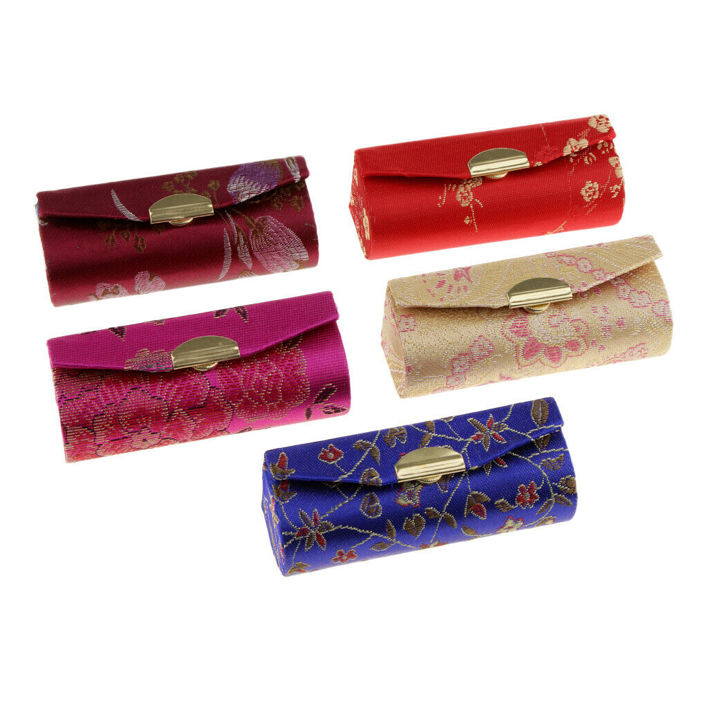 Flower Design Retro Lipstick Case Brocade Embroidered Holder Box w/ Mirror