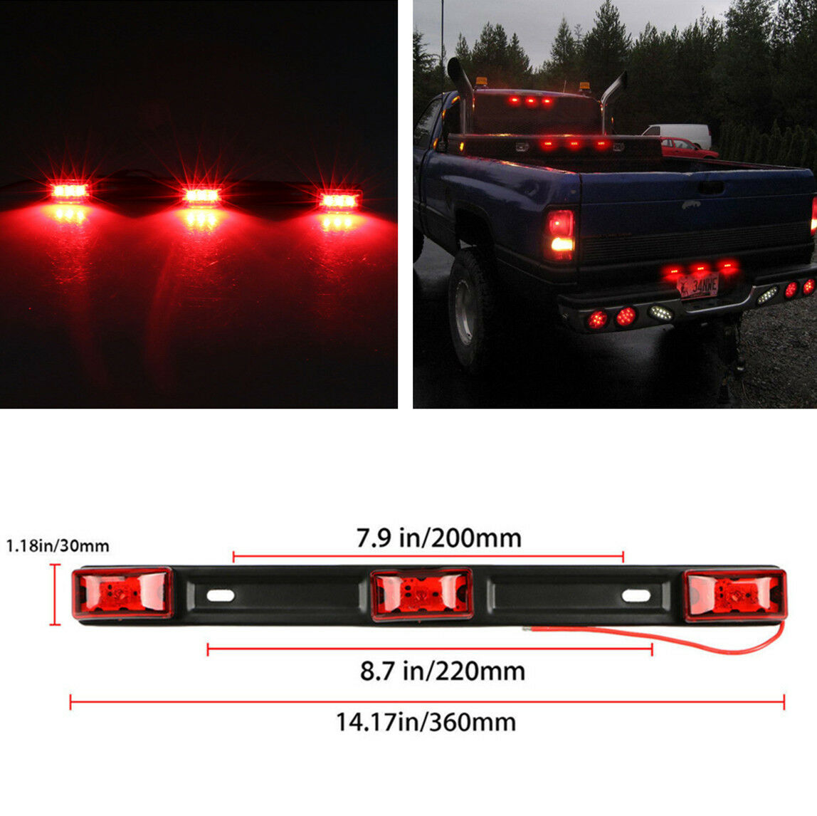 14" Truck Trailer Side Marker Taillight Red LED Light Strip Lamp Bar Waterproof