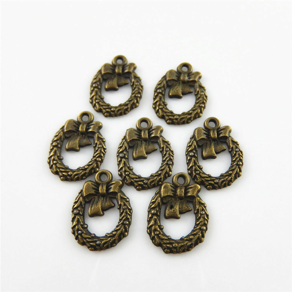 100 Retro Bronze Christmas Wreath Charm Alloy Pendant Xmas Craft Jewelry 14*12mm