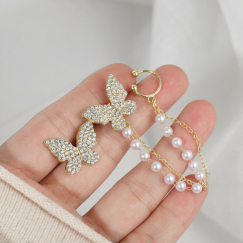 Elegant Cute Rhinestone Butterfly Stud Earrings Metal Chain Boucle Jewel.l8
