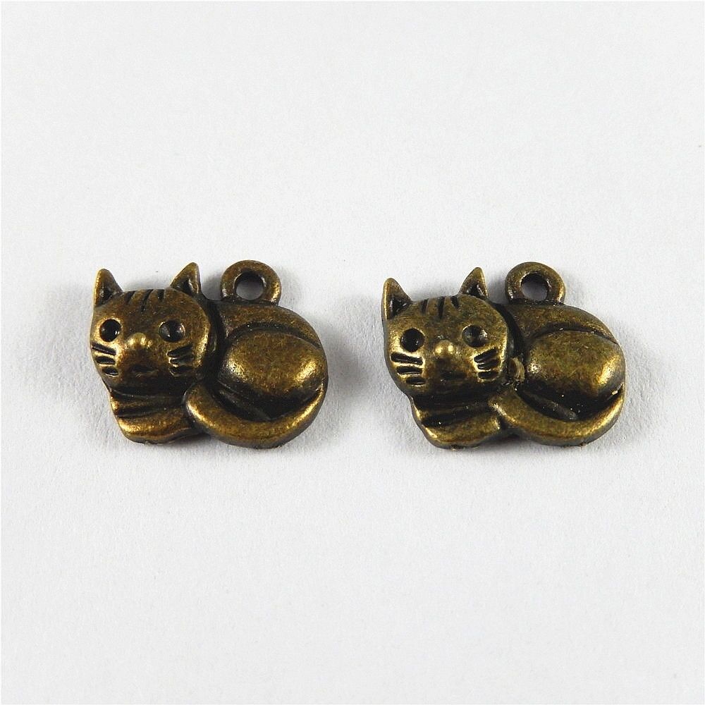 60 pcs Antiqued Bronze Little Cat Charm Alloy Pendant Dangle DIY Craft 14x13x2mm