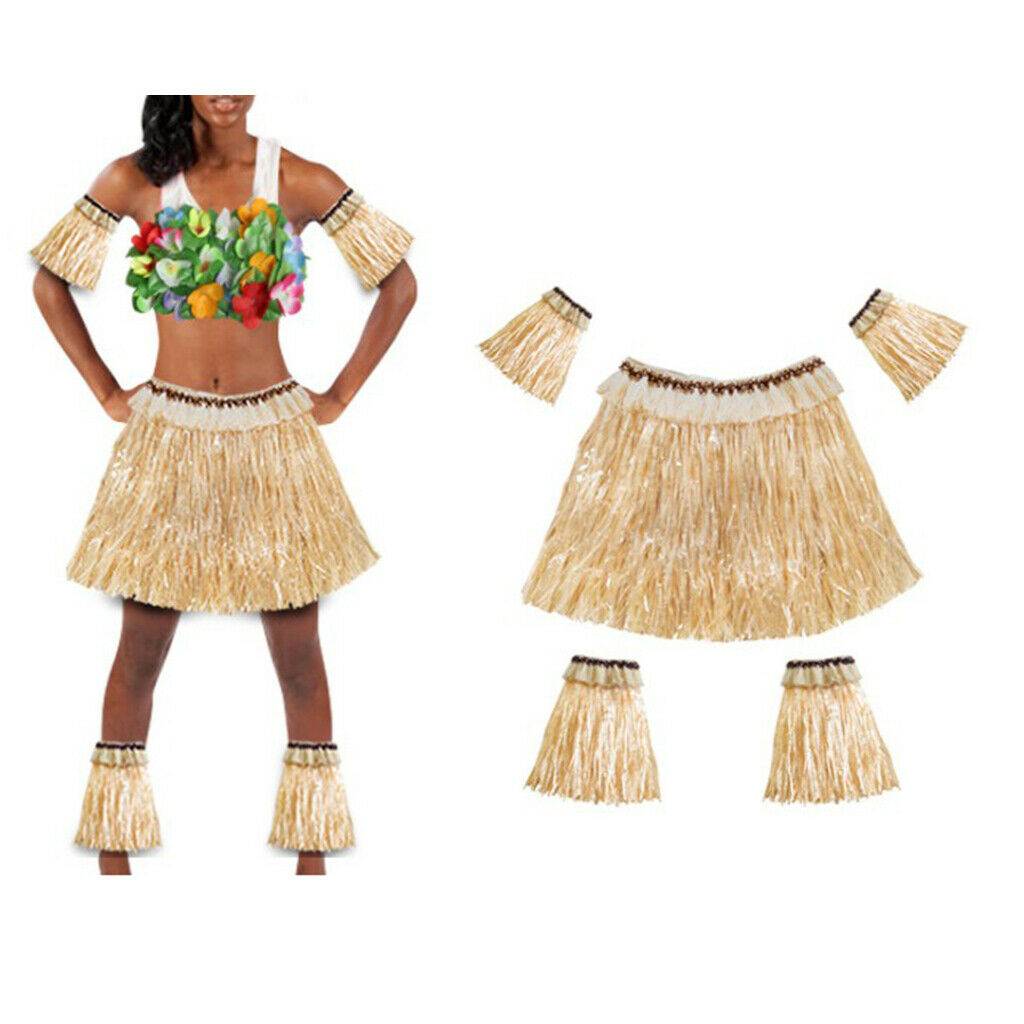 Adults Hawaiian Hula Grass Skirt Arm Leg Sleeves Fancy Dress Costume Sets