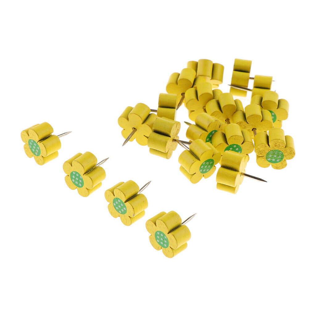 20pcs Wooden Thumb Tacks Push Pins Flower Head Office Thumbtack Yellow