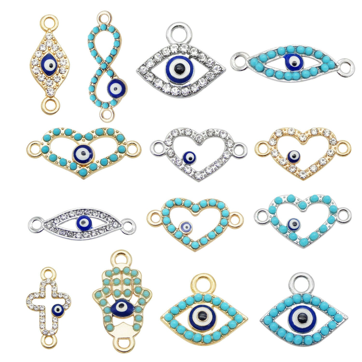 14PCS Assorted Alloy Evil Eye Enamel Charm Rhinestone Pendant Connector Jewelry