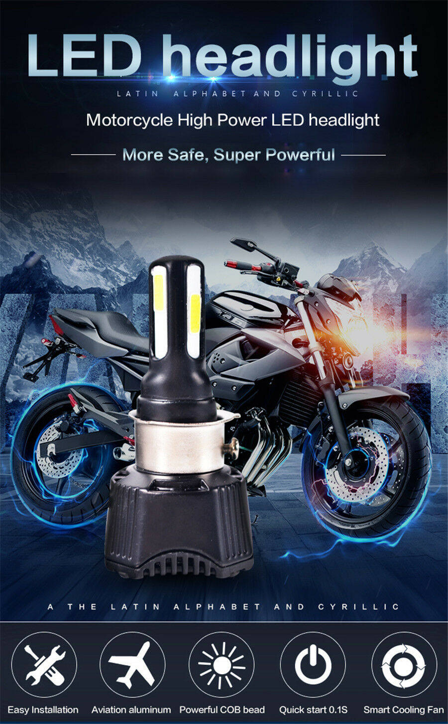 Universal Motorcycle Headlight LED Bulb 4 COB DC 40w 4400LM H4 HS1 H6 Hi/Lo Beam
