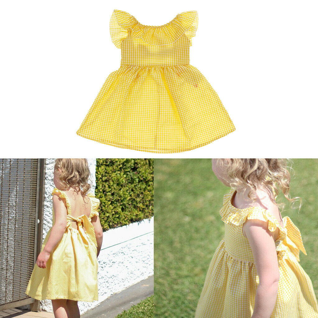 Little Baby Girl Plaid Ruffles Summer Dress Kids Girl Backless Dresses 2T Yellow