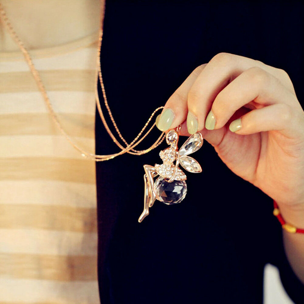 Charm Women Crystal Fairy Angel Wing Pendant Long Chain Sweater Necklace Gift JT