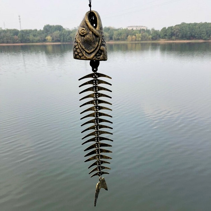 Metal Cast Iron Bronze Fish Bone Bell Wind Chime Home Garden Decor21'' /53cm