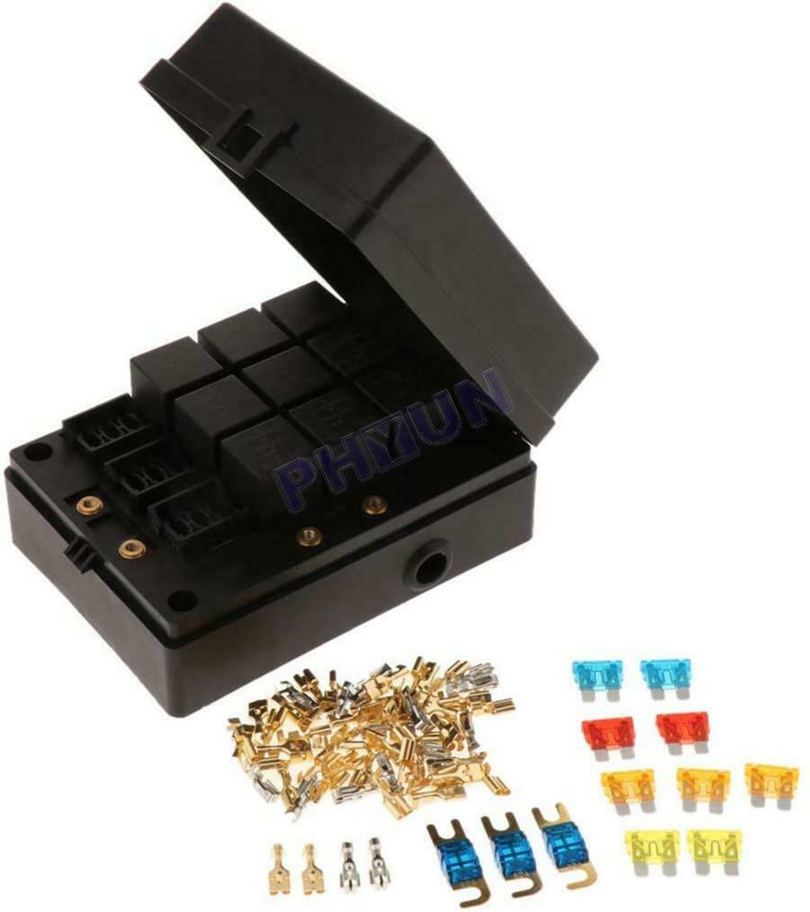 12-Way Blade Fuse Box w/ 9-Way Relay Box Assembly For Car Truck SUV Marine Boat