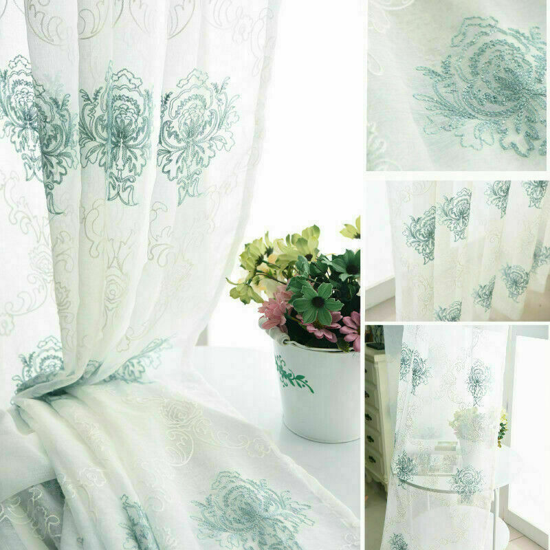 Embroidery Floral Net Curtain Pelmets Tulle Voile Window Panel Drape Sheer Blue