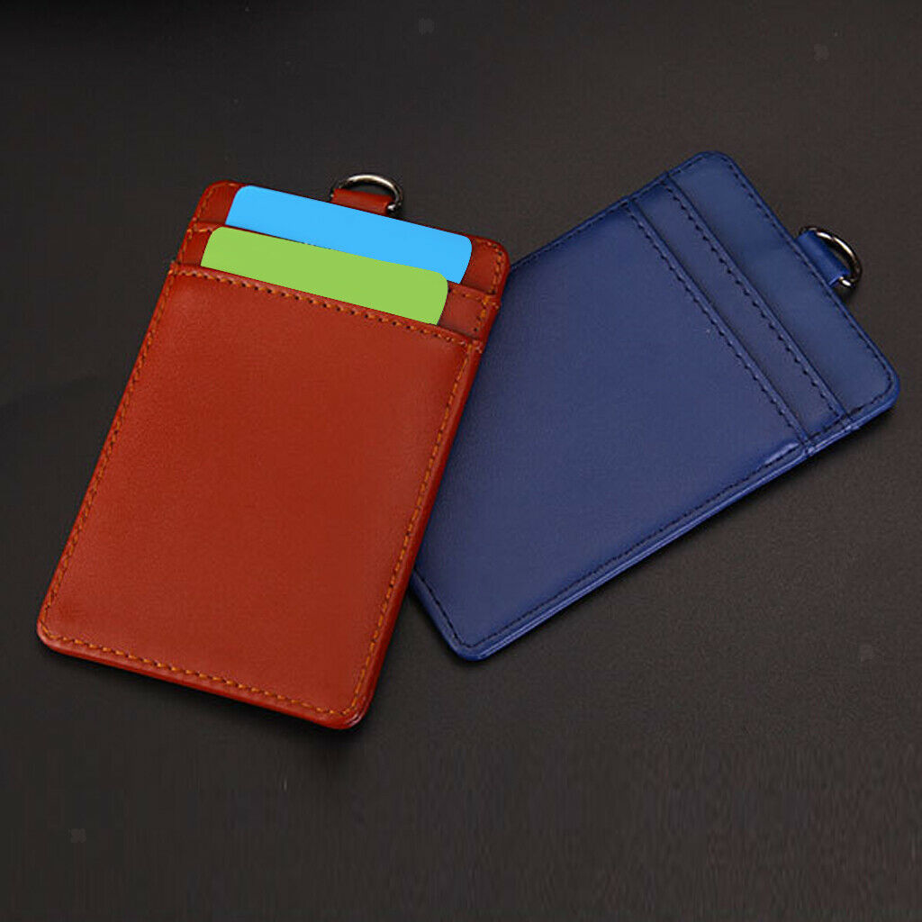 2-Sided Vertical Pu Leather Badge Card Holder Neck Strap Lanyard Pink