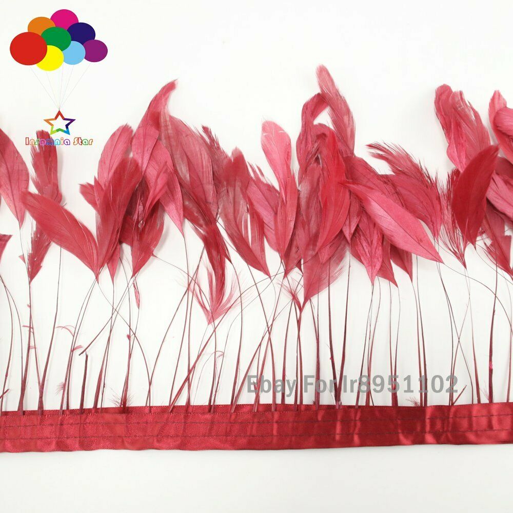 4-6Inch Factory 10 Meter Dyed wine red Stripped Rooster Coque Tail Feathers Trim