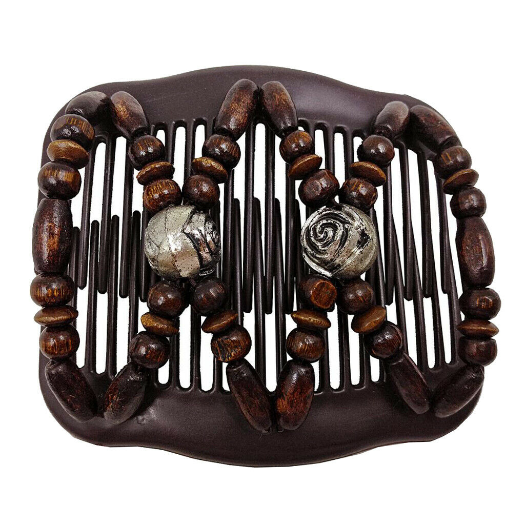 Women's Wooden Stretch Double Hair Comb Beads Clip Hair Accessories Brown