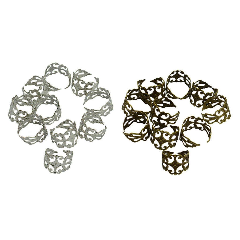 30Pcs/Set Filigree Finger Ring Cabochon Stamped Brass Blank With Flat Pad