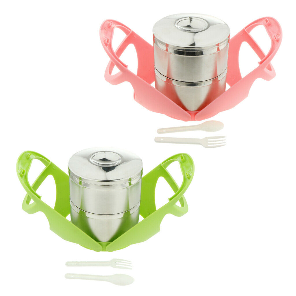 Portable Stainless Steel Insulated Lunch Box Food Compartments Pink-2 Tier