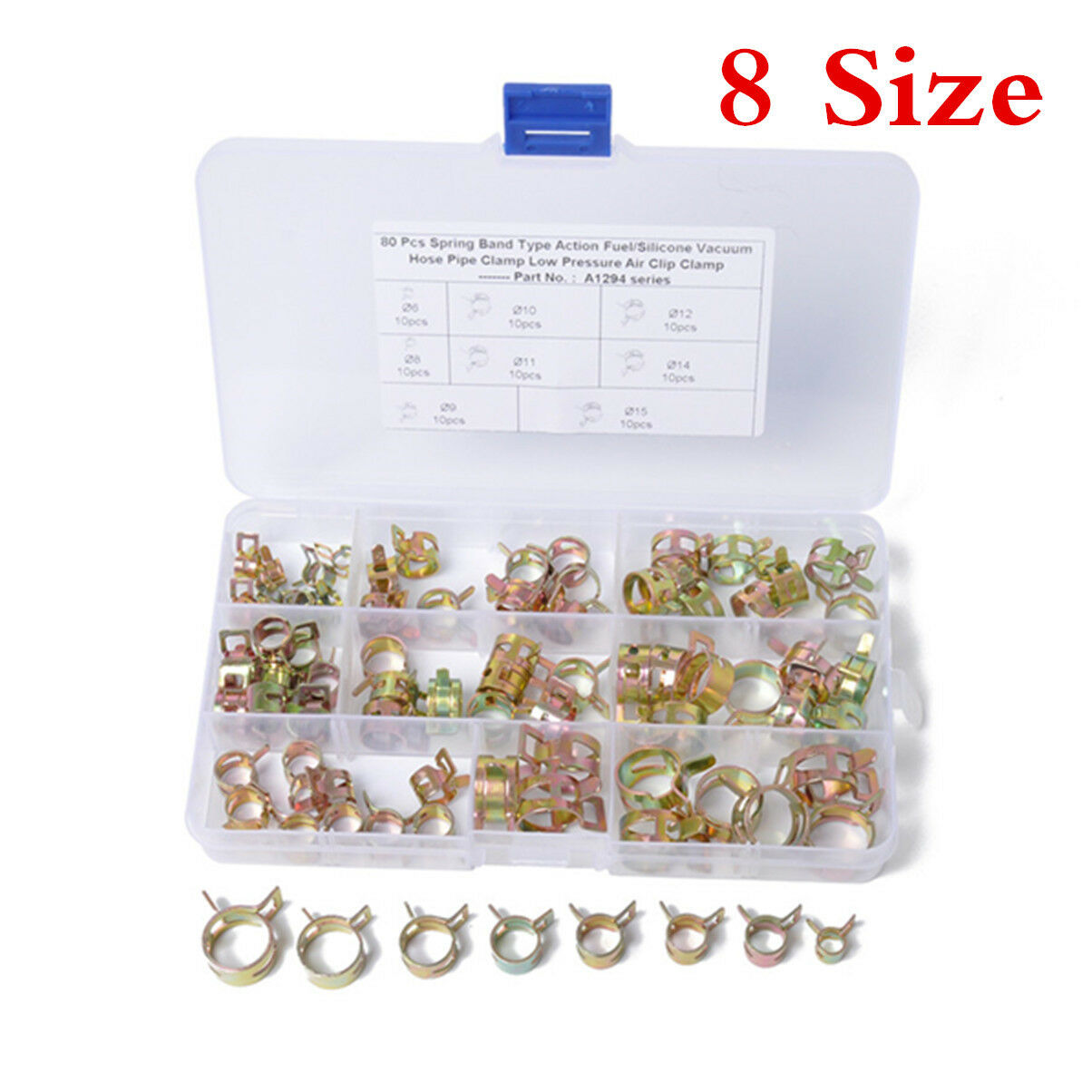 80pc Fuel Line Hose Spring Clip Water Pipe Air Tube Clamp Fastener 6-15mm 8 Size