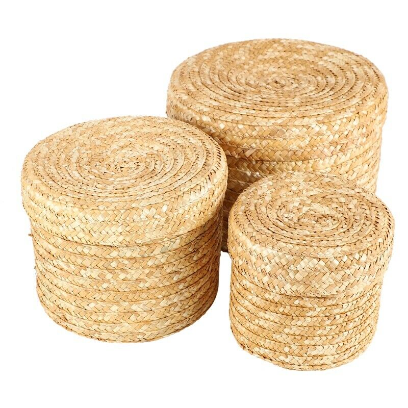 3 Pcs/Set Handmade St Woven Storage Basket With Lid Snack Organizer Storage BoH9