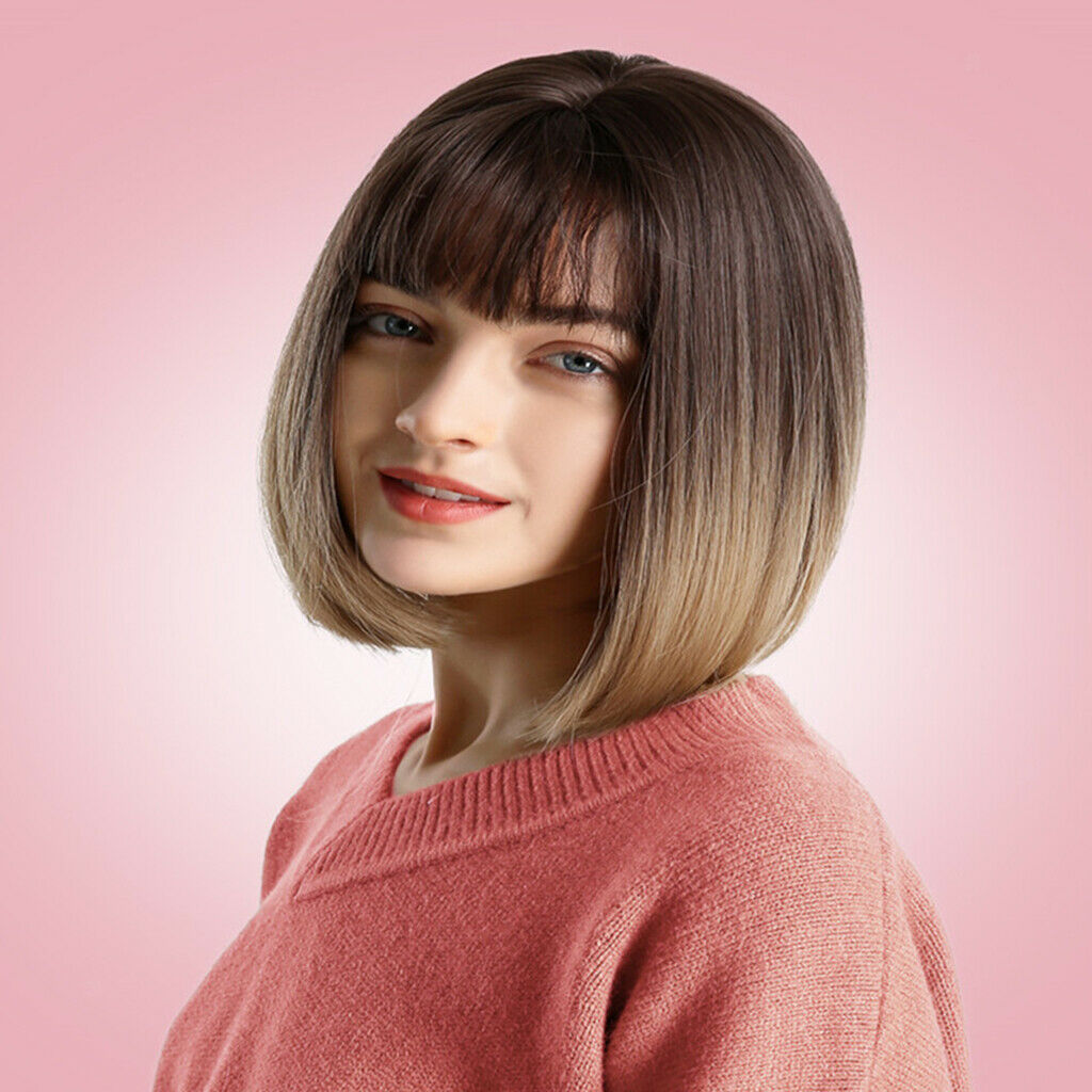 11inch Short Bob Synthetic Wig with Flat Bangs Heat Resistant Black to Brown