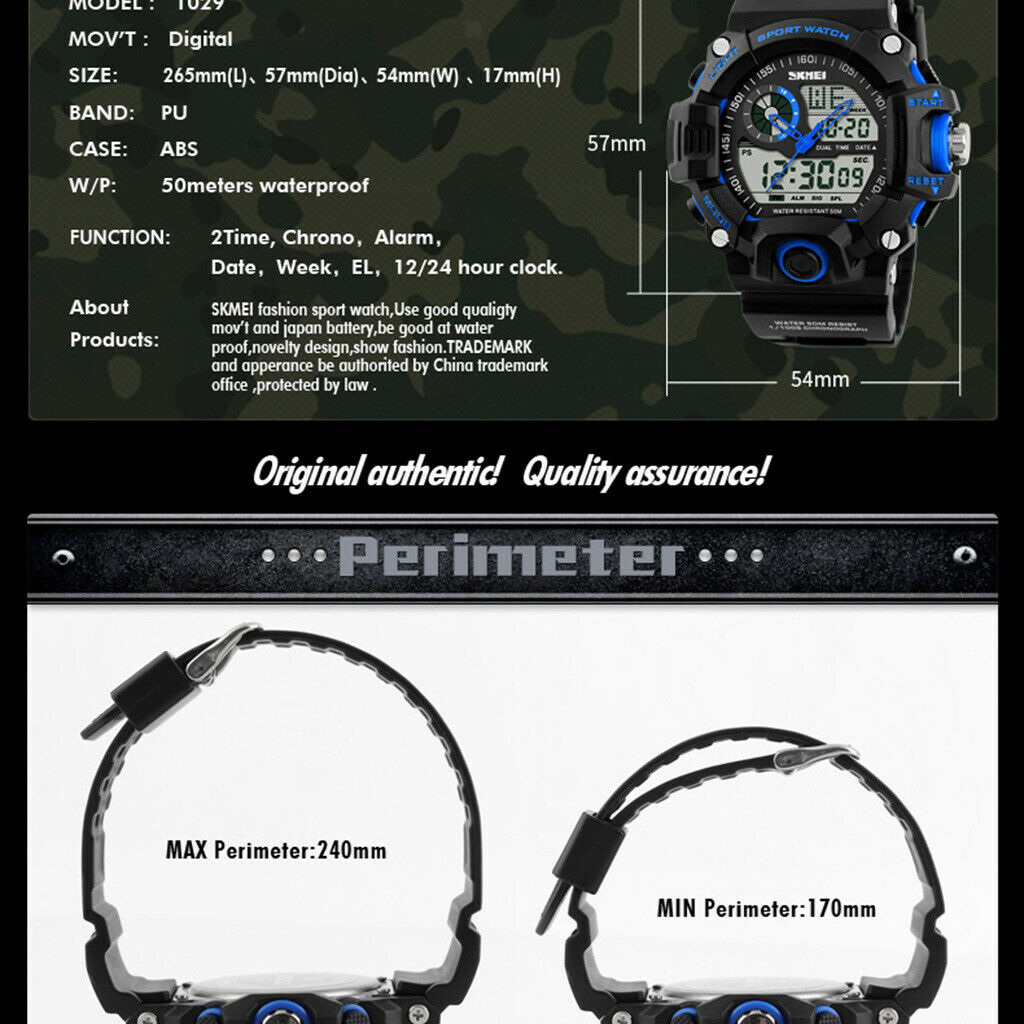 Mens Multi-Functional Sport Digital Watch 50m Water Resistant Blue