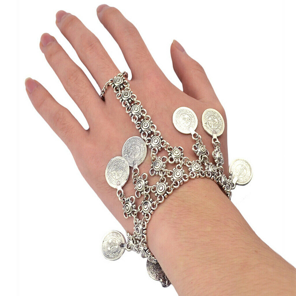 2x Bohemia Style Coin Finger Ring Slave Chain Bangle Bracelet Hand Harness Gift