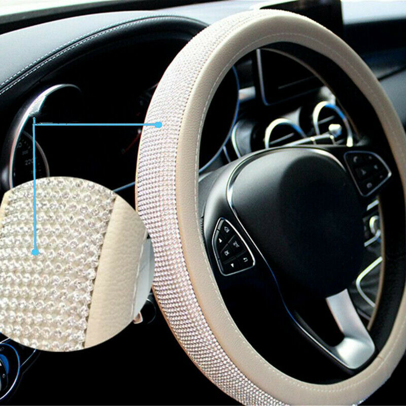 15'' Beige Crystal Front Car Steering Wheel Cover w/ Bling Rhinestone PU Leather