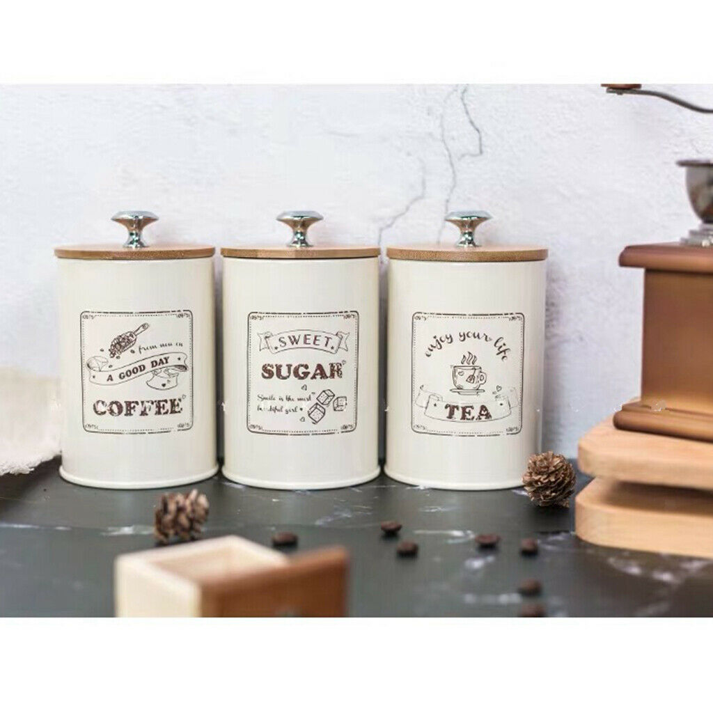 Set of 3 Retro Tea Coffee Sugar Canisters Storage Jar Tins Metal with Lid
