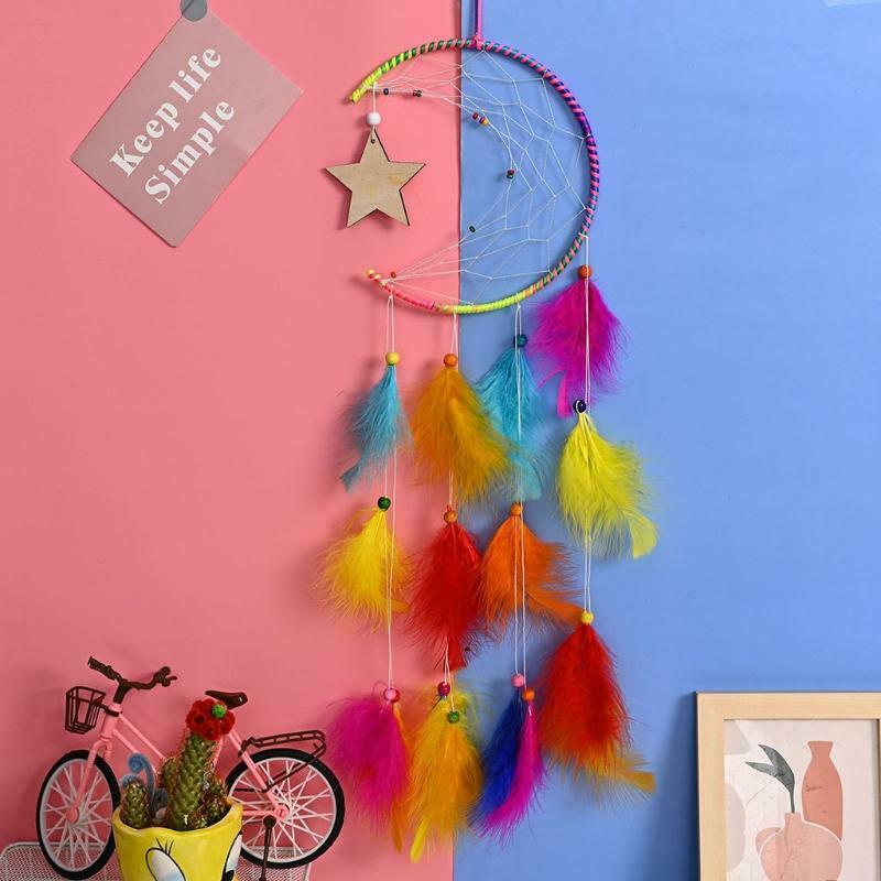 Colorful Feather Pendant Dream Catcher Moon Star Design Woven Wall Hanging Decor