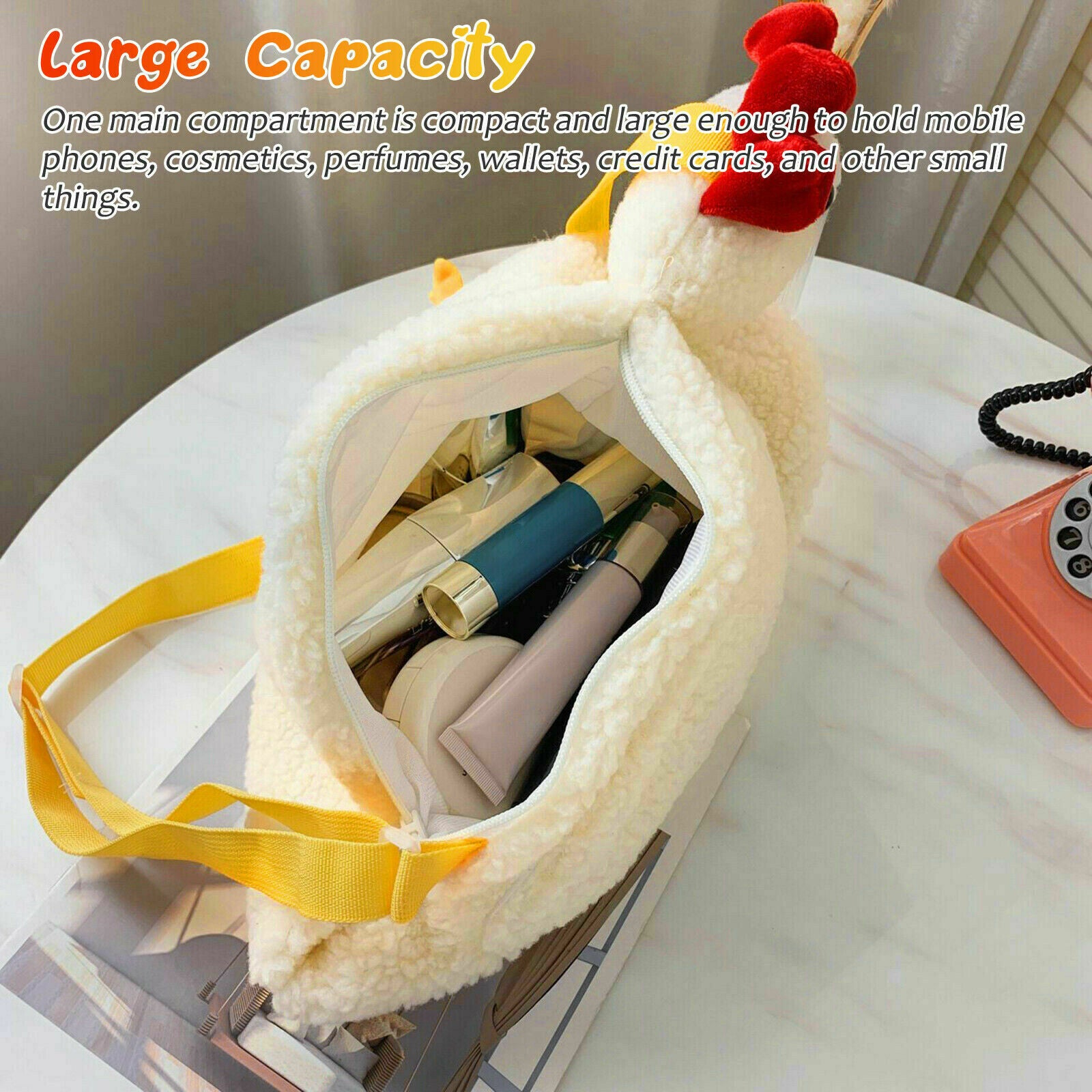 Women Faux Fur Tote Shoulder Bag Cartoon Chicken Plush Handbag Crossbody Pack