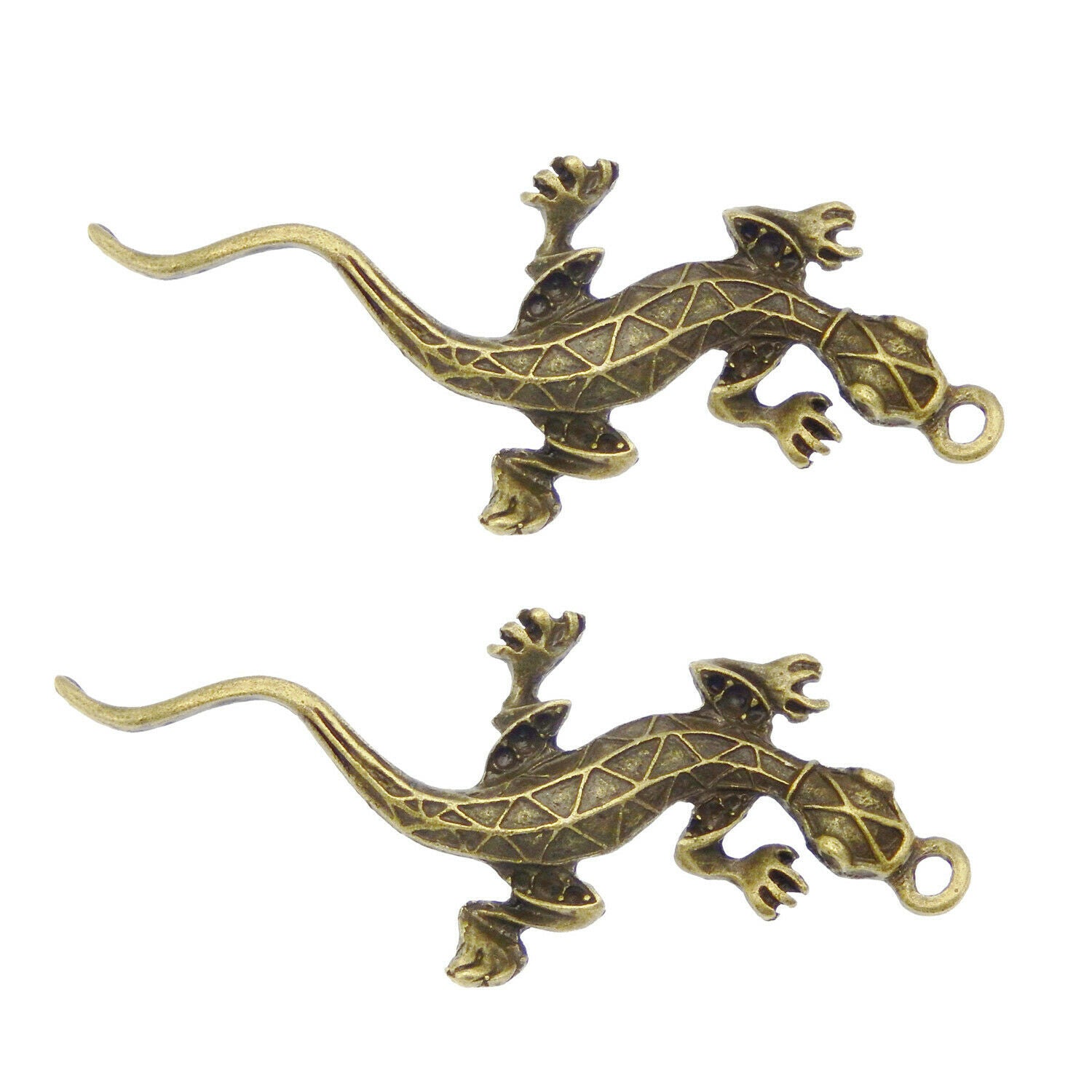Lot of (x8) Antiqued Bronze Metal Lizard Craft Hollowed Pendant Charm 51x26x6mm