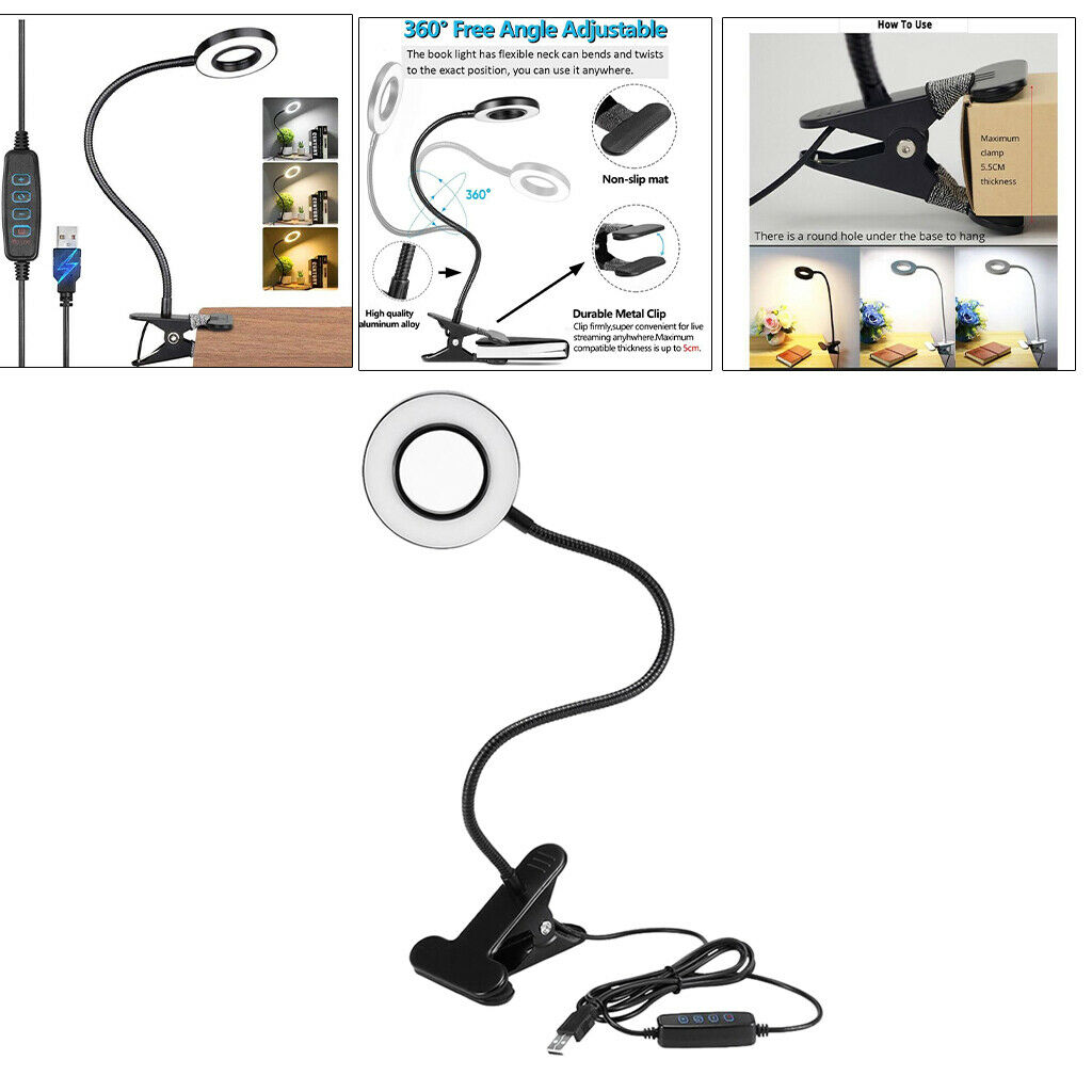 USB Clip On Light Desk Lamp Reading Light 3 Color Modes Book Clamp Light