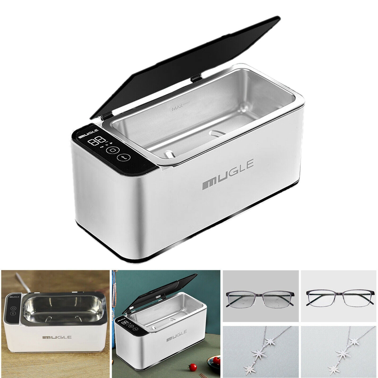 Digital Ultrasonic Jewelry Cleaner Glass Watch Cleaning Machine Basket White