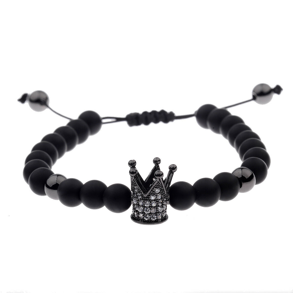 Charm Men Cubic Zircon 24kt Black Plated Crown Bracelet Bead Macrame Bracelets