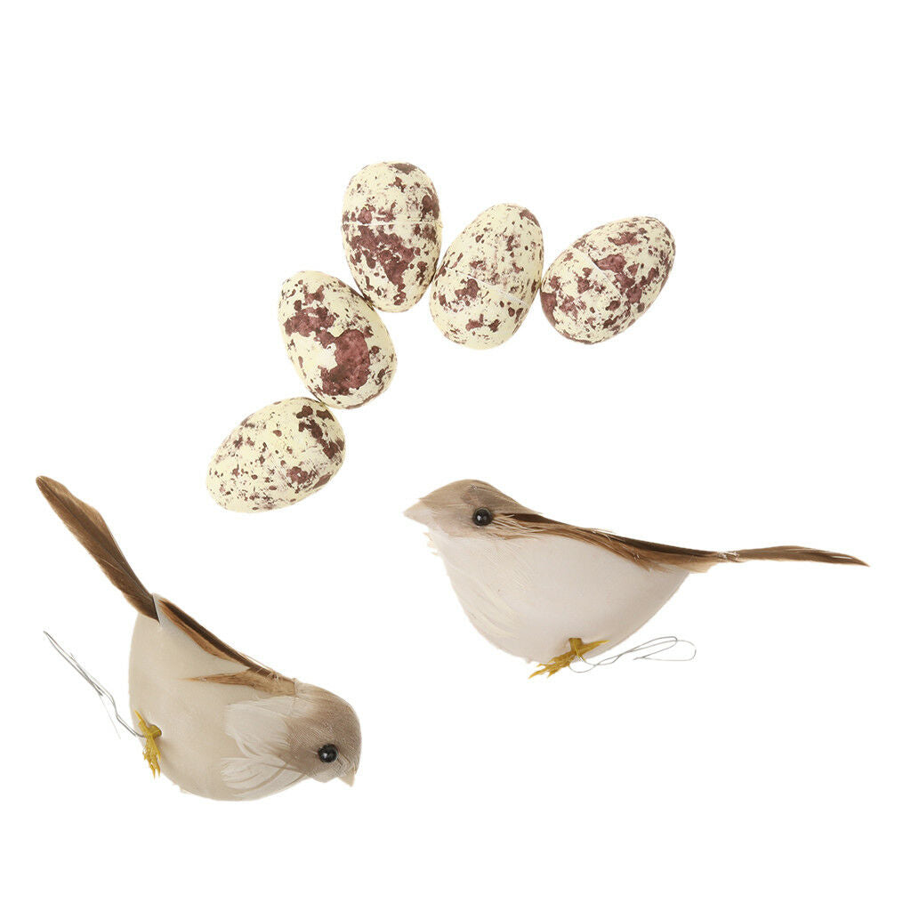 Bird Nest House Home 2Pcs Artificial Birds 5pcs White Eggs set Garden Decor