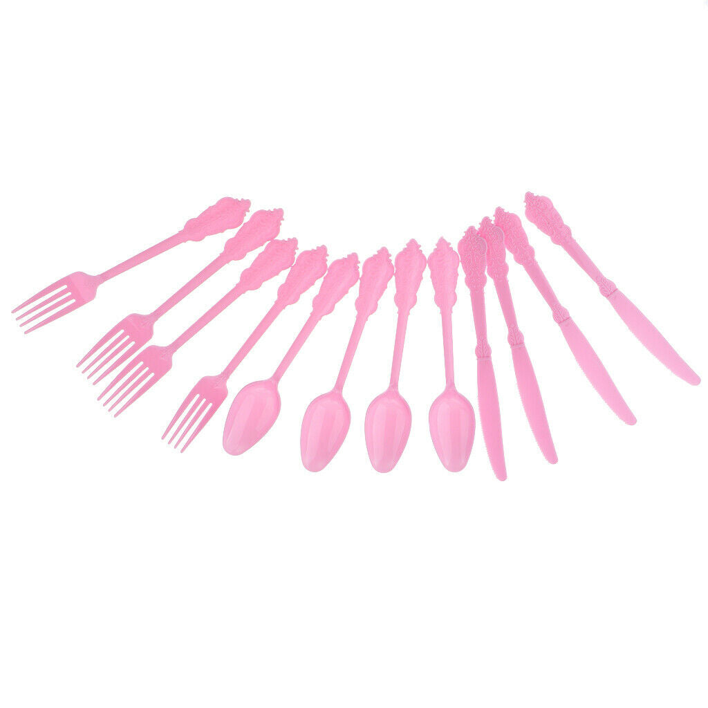 12pcs Embossed Disposable Cutlery Kid Birthday Party Tableware Decor Pink