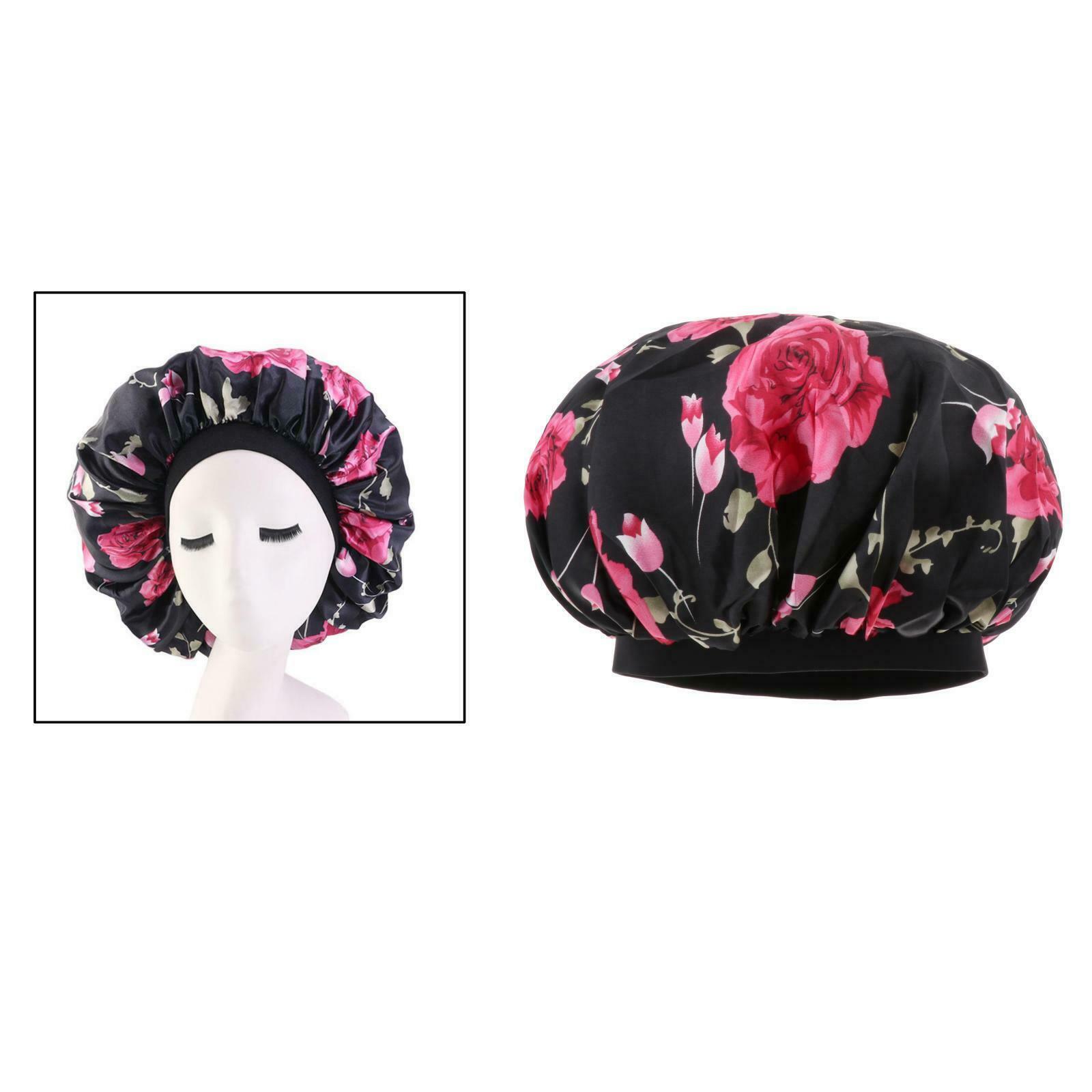 Satin Women Sleep Cap Night Wrap Elastic Sleeping Bonnet Safflower On Black